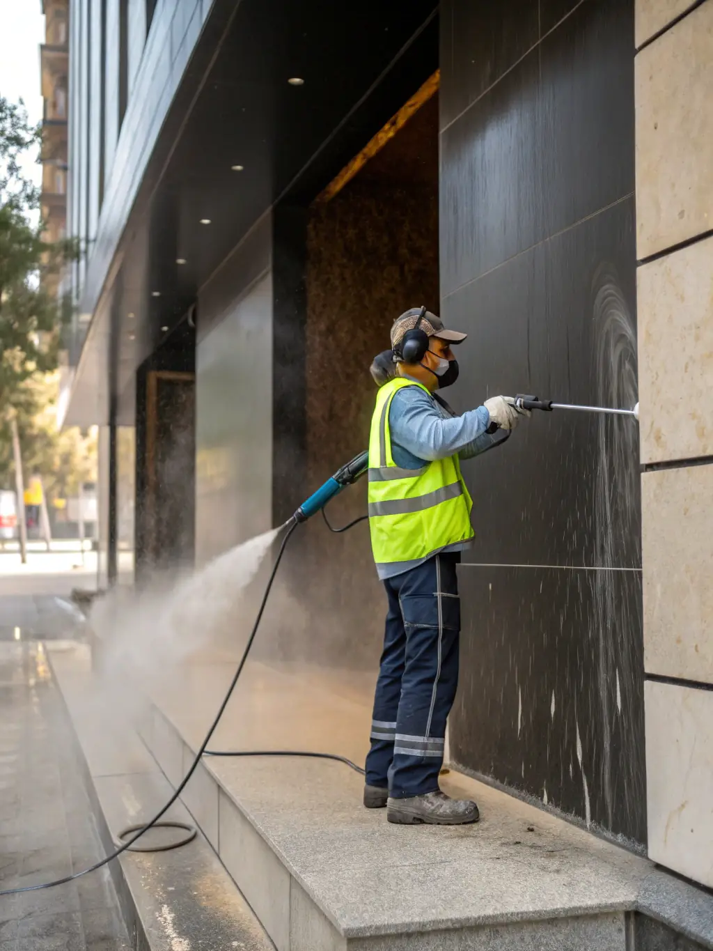 A worker using pressure washing equipment to clean the exterior of a building, removing dirt and grime.