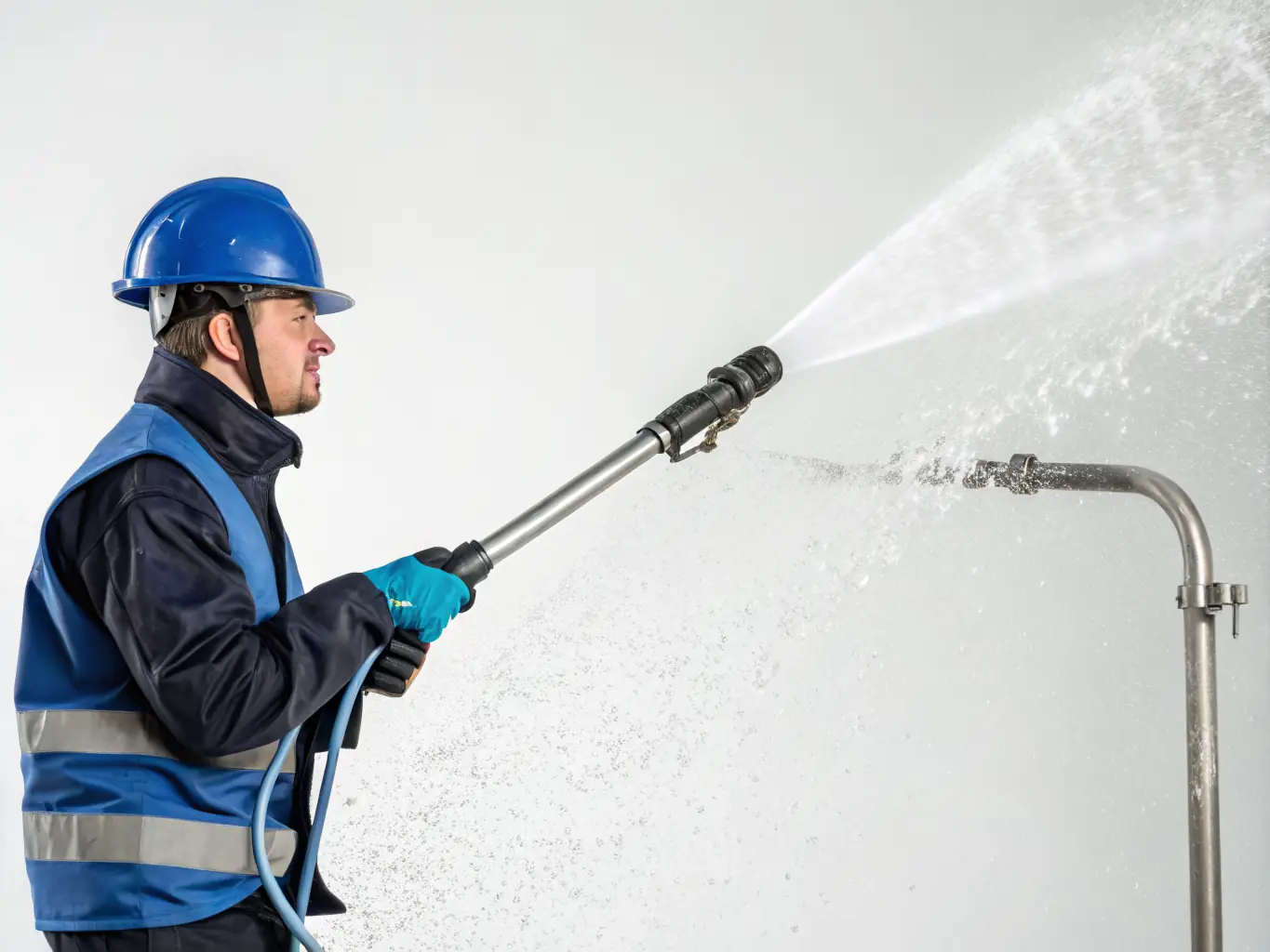 A high-resolution image depicting a hydro jetting nozzle clearing a clogged pipe, showcasing the power and precision of the equipment. The setting is a clean, modern plumbing environment.