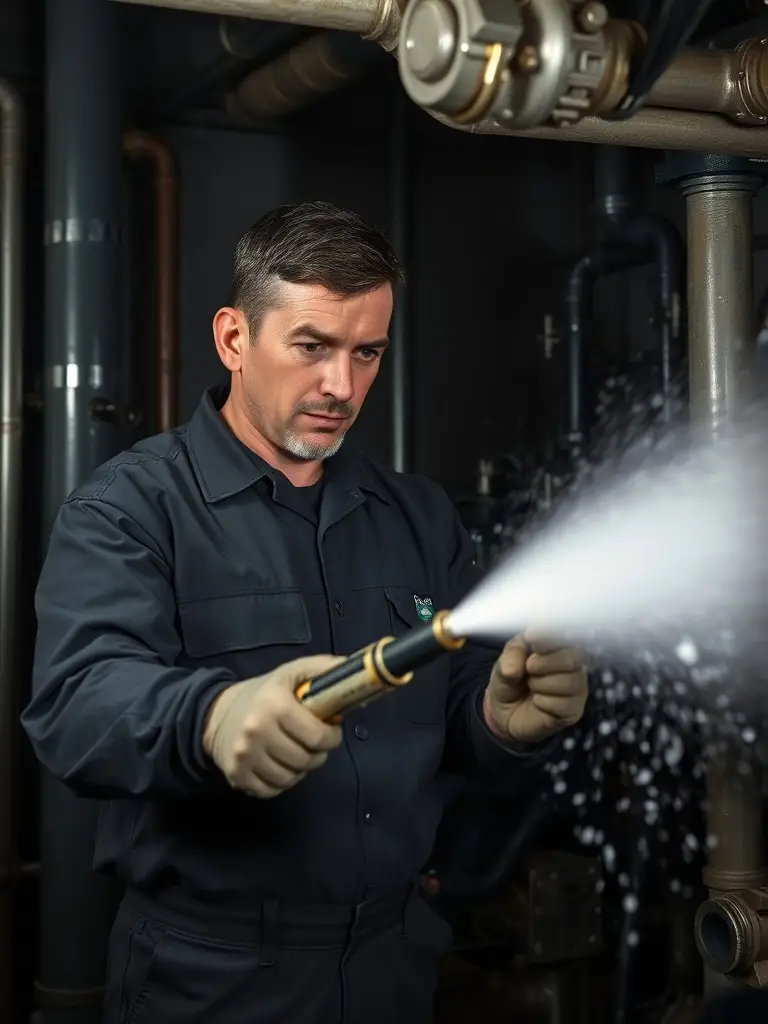 A professional technician operating a high-pressure hydro jetting machine inside a commercial drainage system, ensuring efficient cleaning and clog removal.