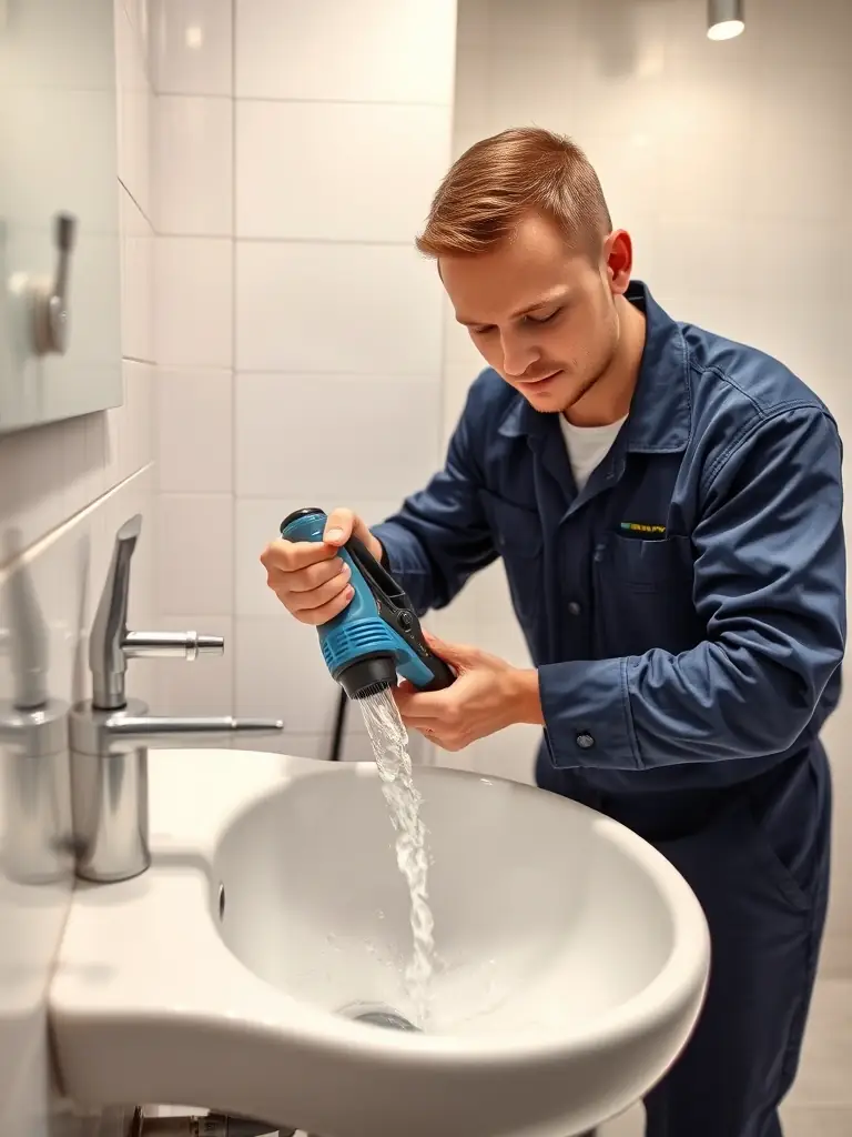 A photo showcasing a Blu Waman Hydro Jetting technician efficiently clearing a clogged drain with modern hydro jetting equipment.